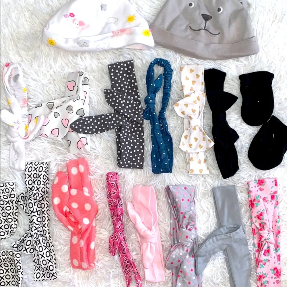 Bundle of Baby Girl Decorative Headbands, Caps and (2) Pair of Mittens